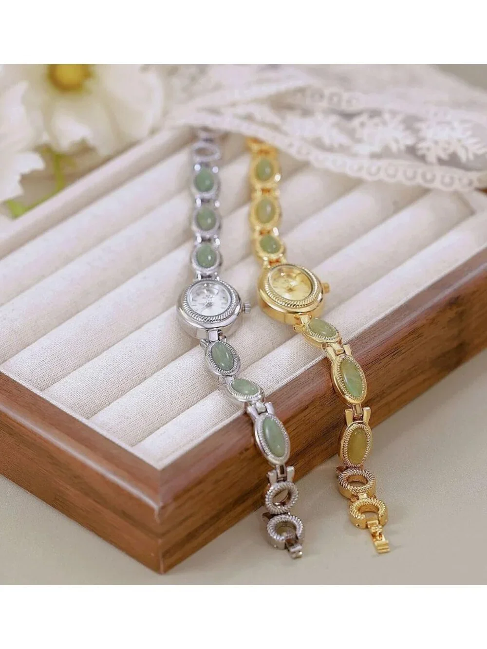 Women's Green Gold Analog Quartz Waterproof Oval Dainty Vintage Bracelet Watch